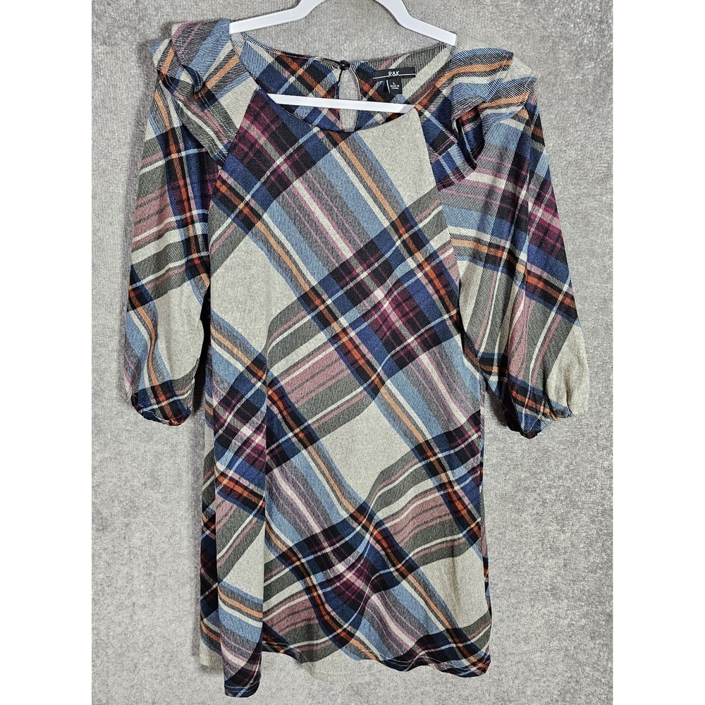 R&K Soft Plaid Flannel A-Line Dress Womens Size Large Puff Sleeve Keyhole Back